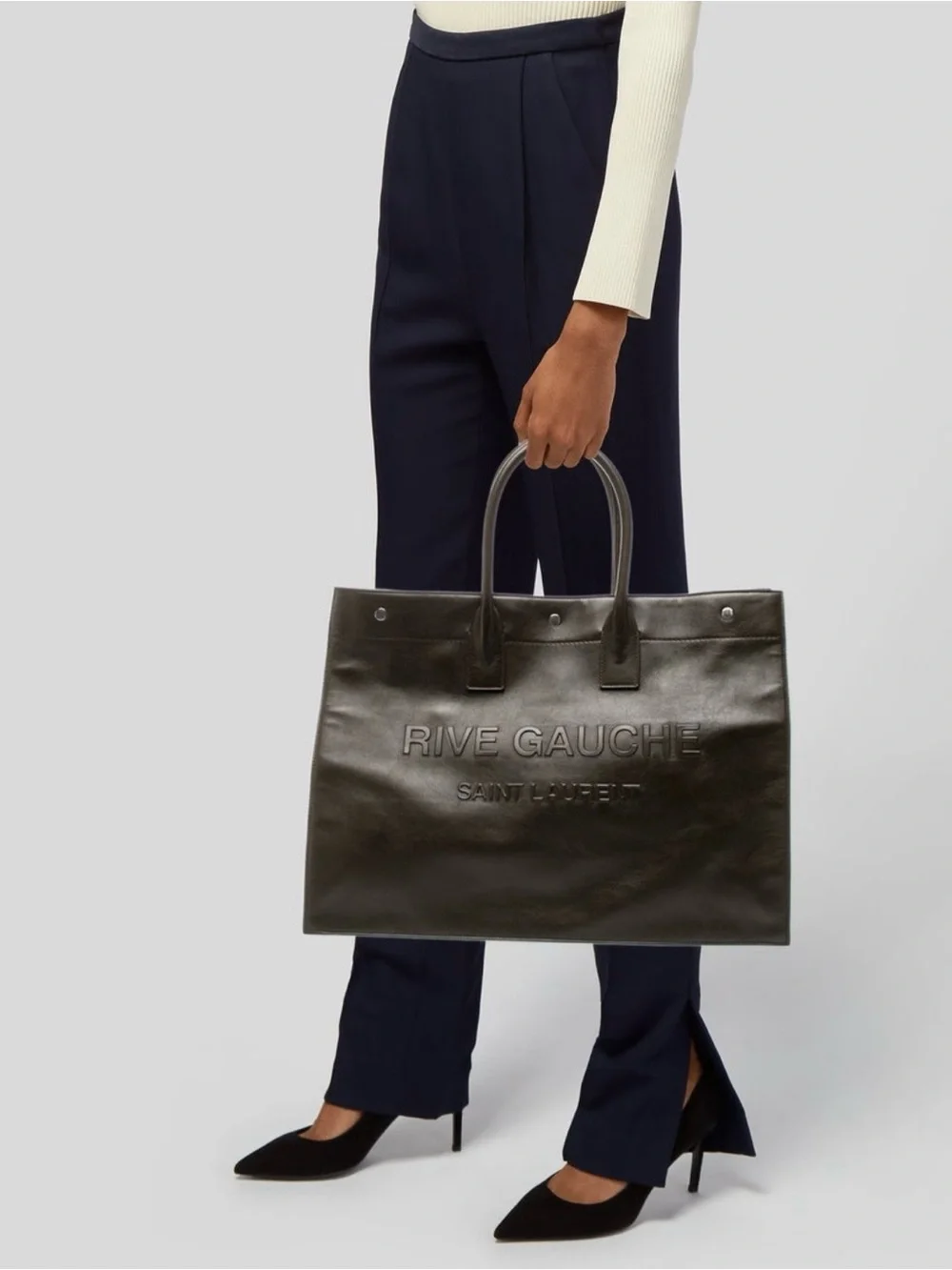 Saint Laurent Rive Gauche Large Leather Tote in Dark Brown